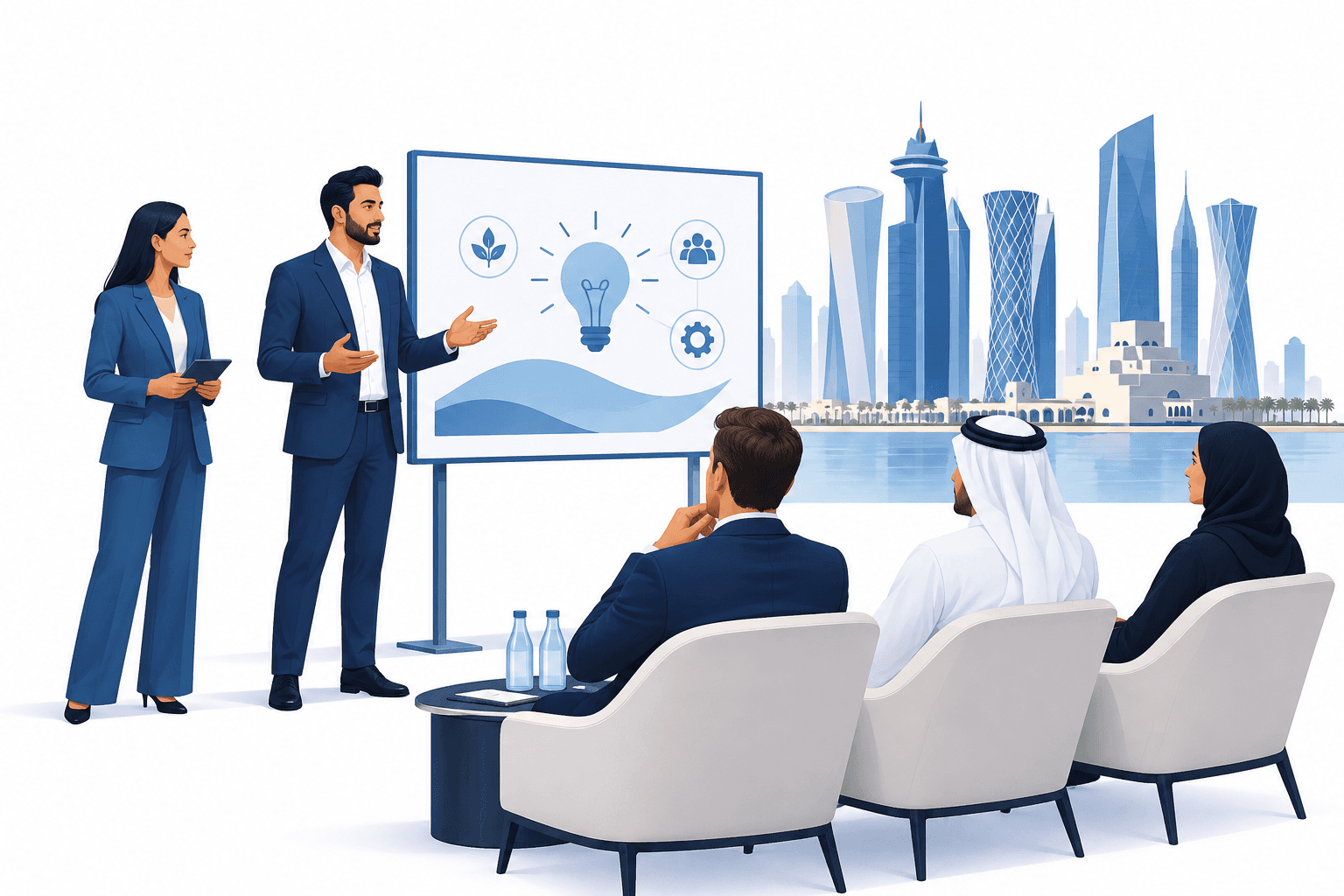 Concept illustration of entrepreneurs presenting to investors at the Downtown Tech Summit