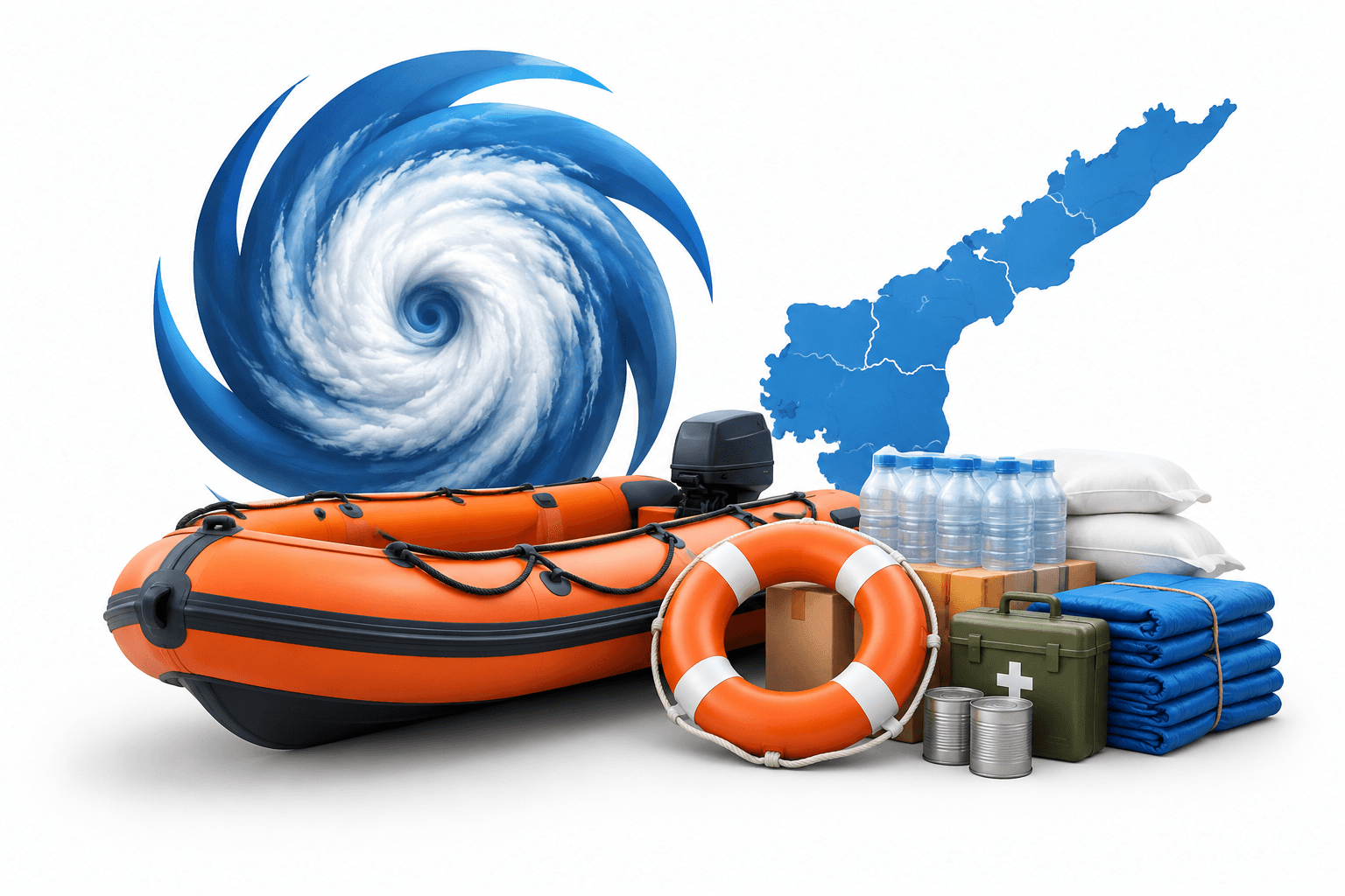 Illustration of Cyclone Arnab relief supplies, a rescue boat and a cyclone symbol