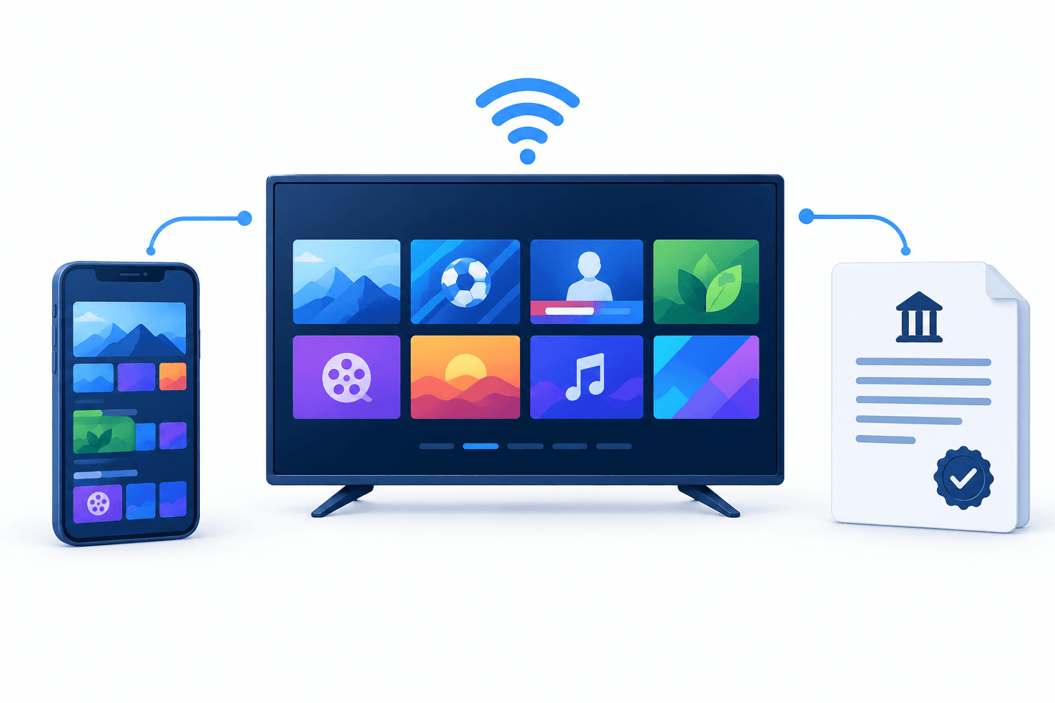 Illustration of FAST channels on an internet-enabled television with a regulatory document icon