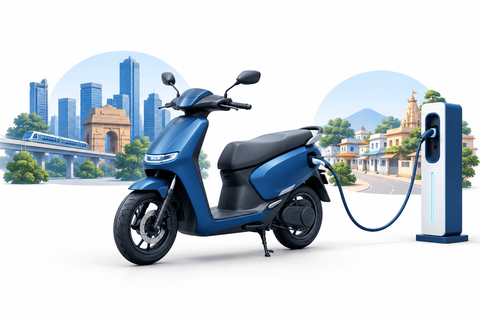 Illustration of electric two-wheelers and charging in India