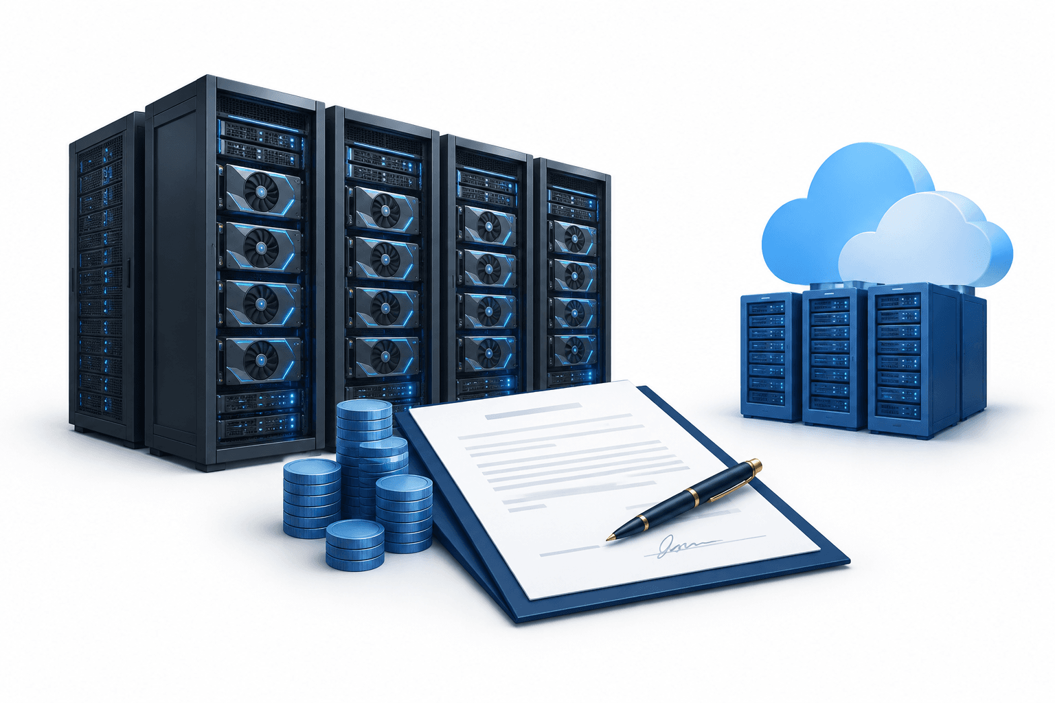 Concept illustration of AI cloud financing with GPU server racks and a financing agreement
