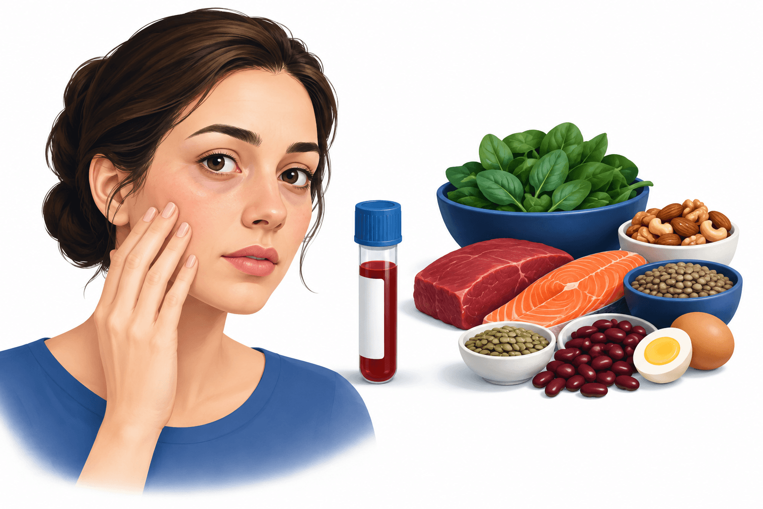 Illustration of a face, blood sample and iron-rich foods representing the Ferritin face trend