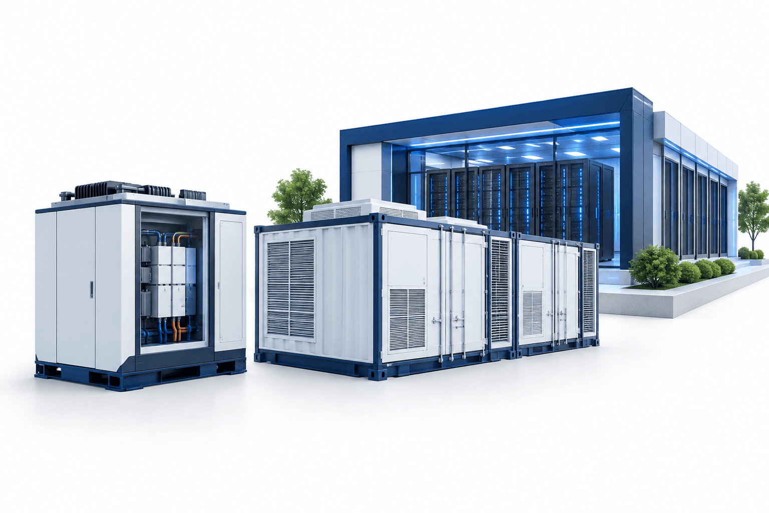 Illustration of EnerAI power systems and modular containers beside an AI data center