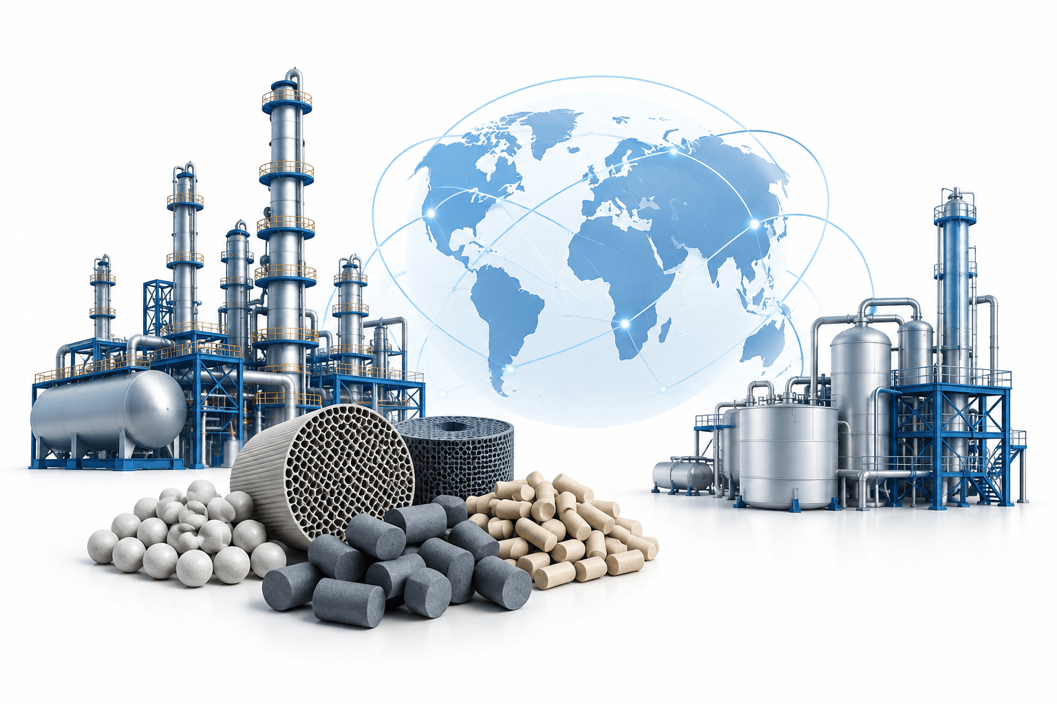 Concept illustration of catalyst pellets and industrial equipment for the Sinopec catalyst conference