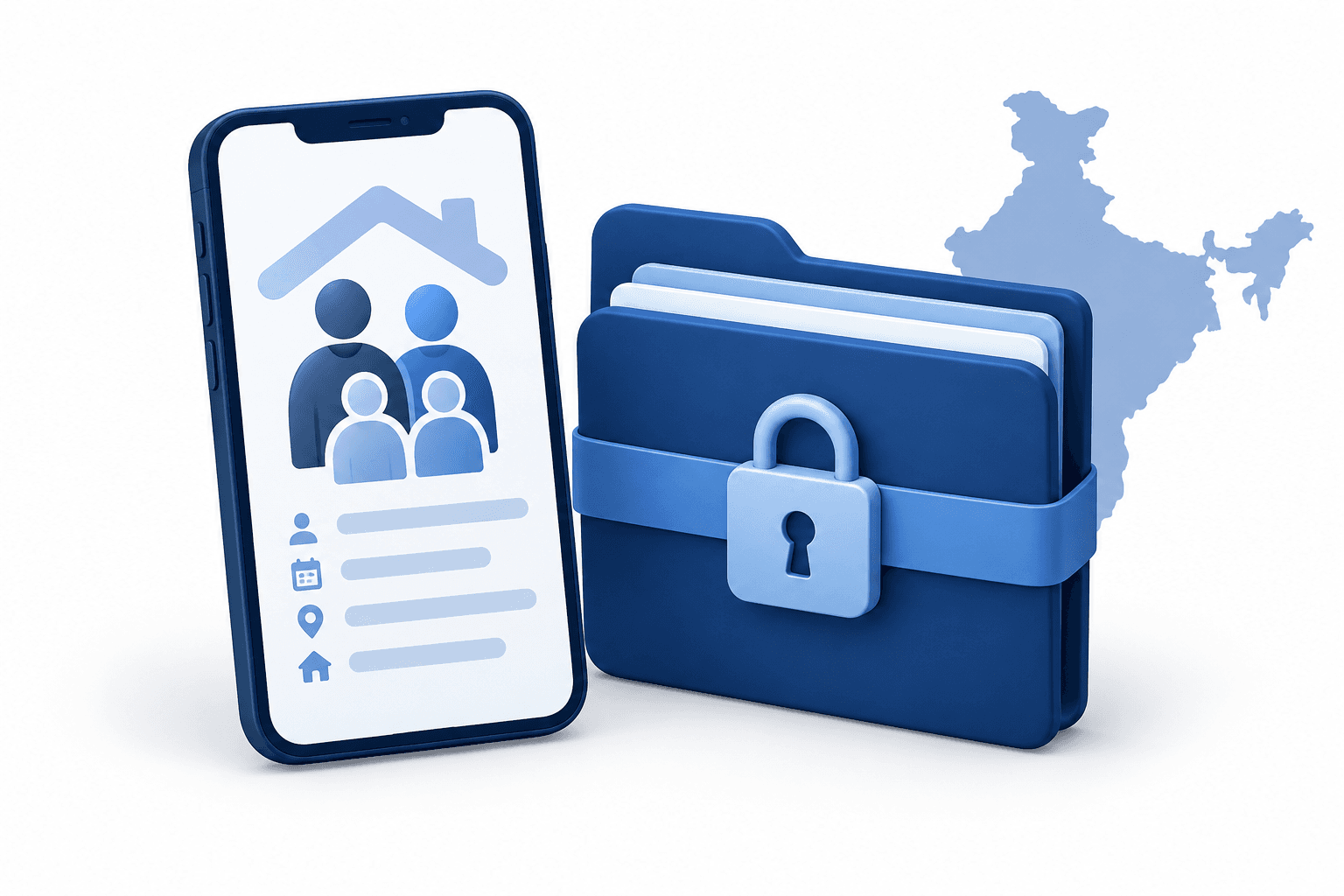 Illustration of India census data confidentiality with a mobile phone and closed folder
