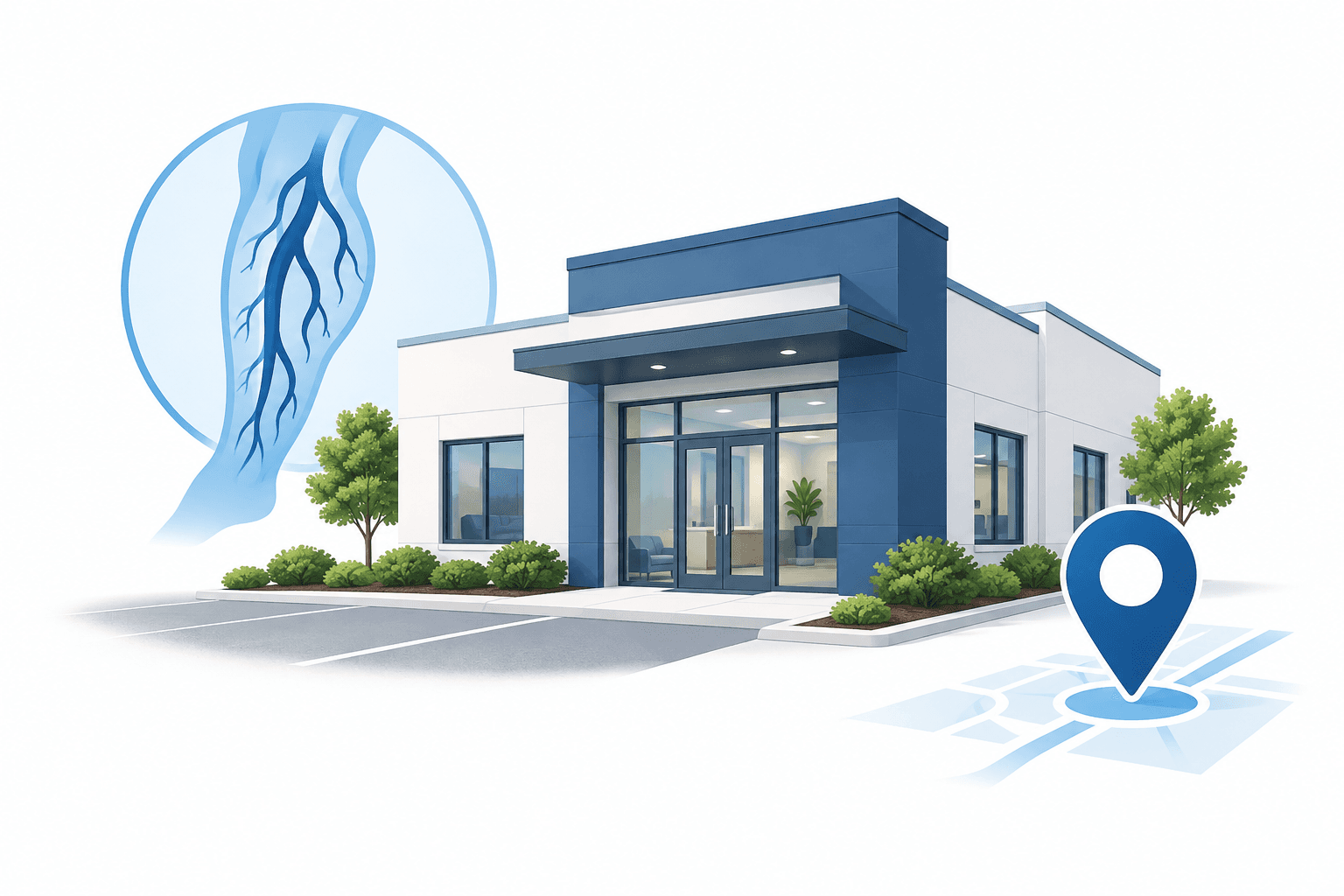 Illustration of an MVM Health clinic with a vein symbol and location marker