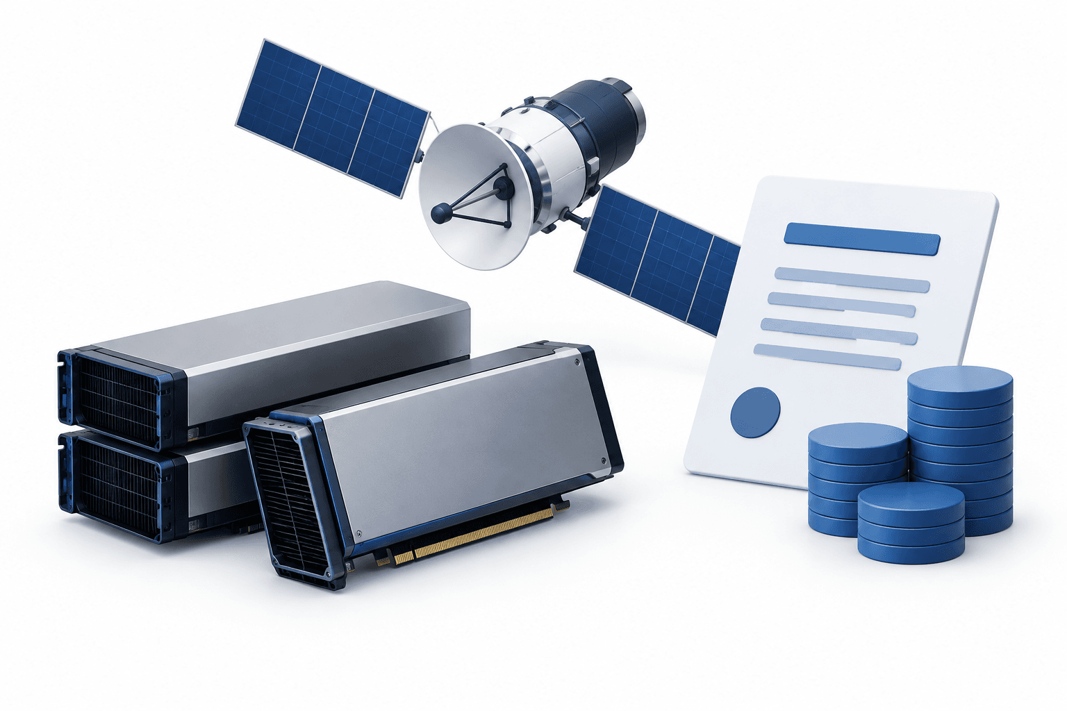 Concept illustration of SpaceX GPU financing with processor modules and a satellite