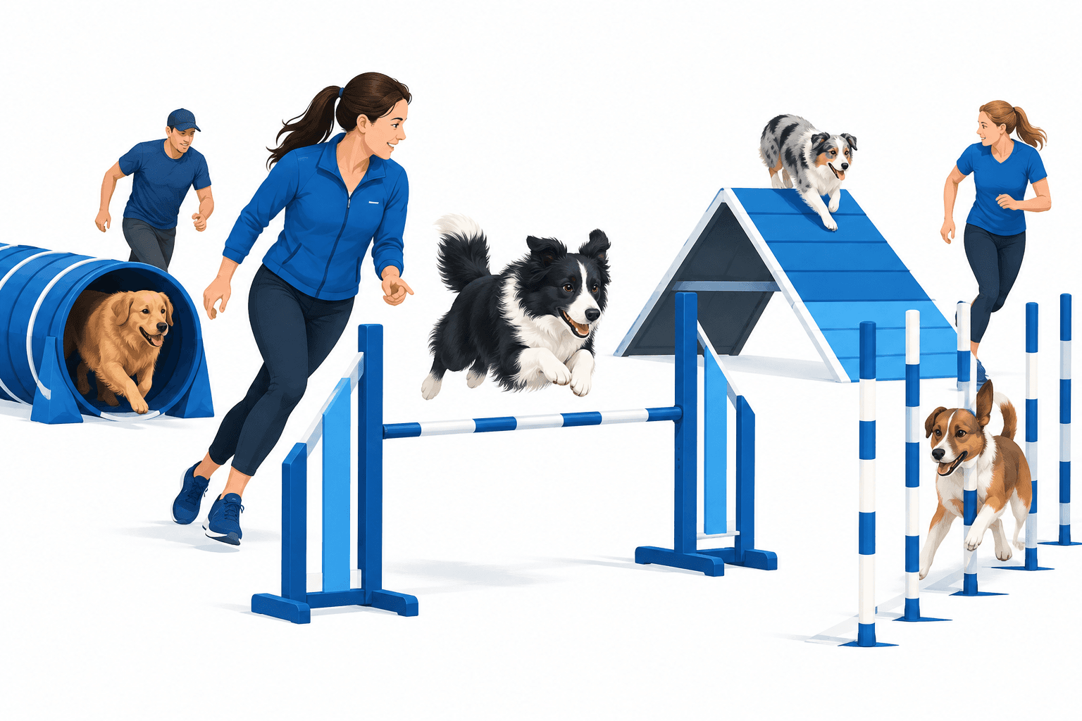 Illustration of dogs and handlers on an AKC Agility League course