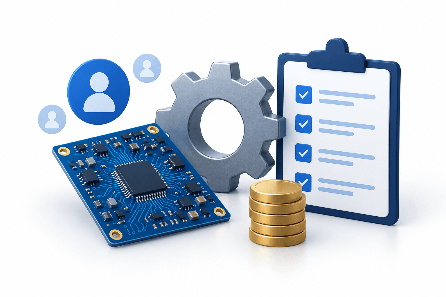 Illustration of Colare funding for hardware engineering assessments, with a circuit board, gear and coins