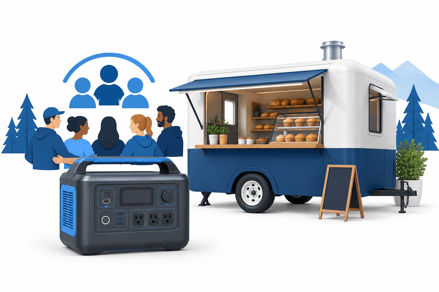 Illustration of a portable power station and mobile bakery for the Jackery ambassador program