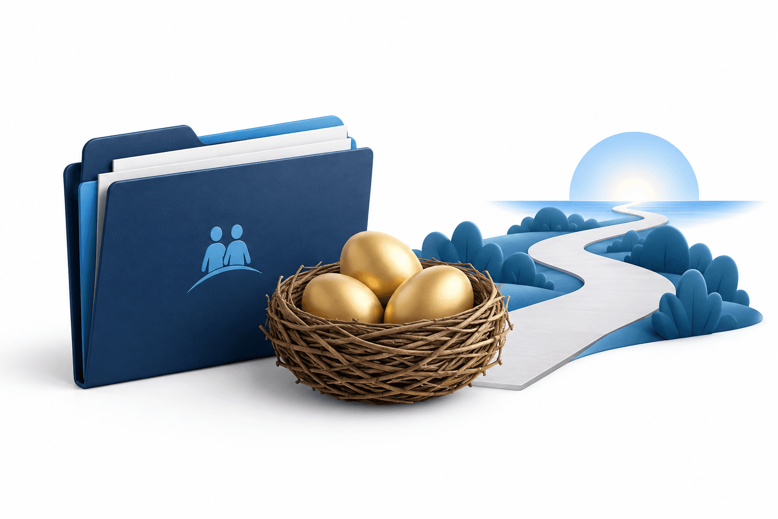Concept illustration of Via Retirement planning with a nest egg and a pathway.