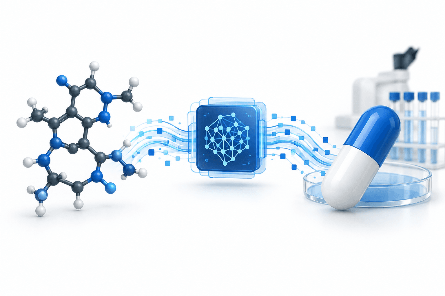 Concept illustration of Insilico Medicine drug research using a molecular structure and computing elements