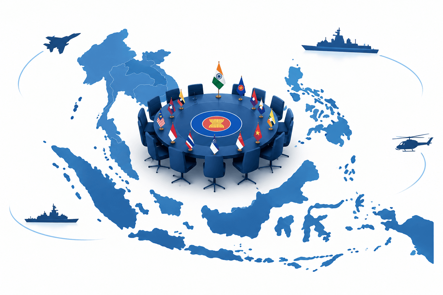 Illustration of a regional meeting table and Southeast Asian islands for the ASEAN defence meeting
