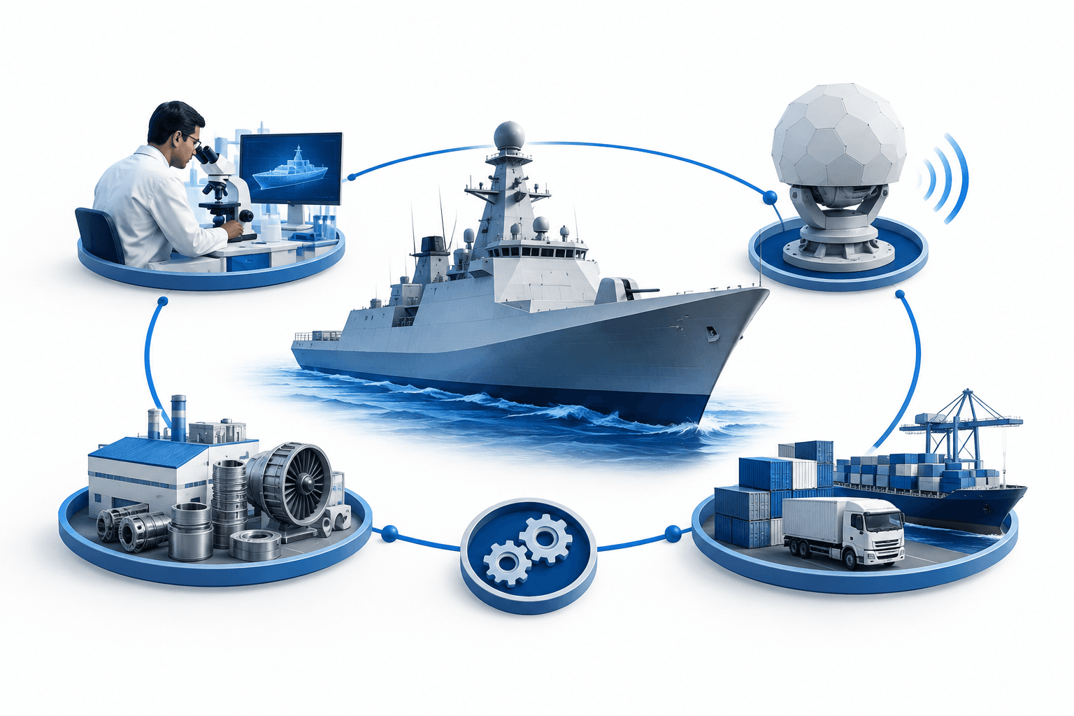 Concept illustration of India defence innovation with a naval vessel, sensor and supply-chain elements