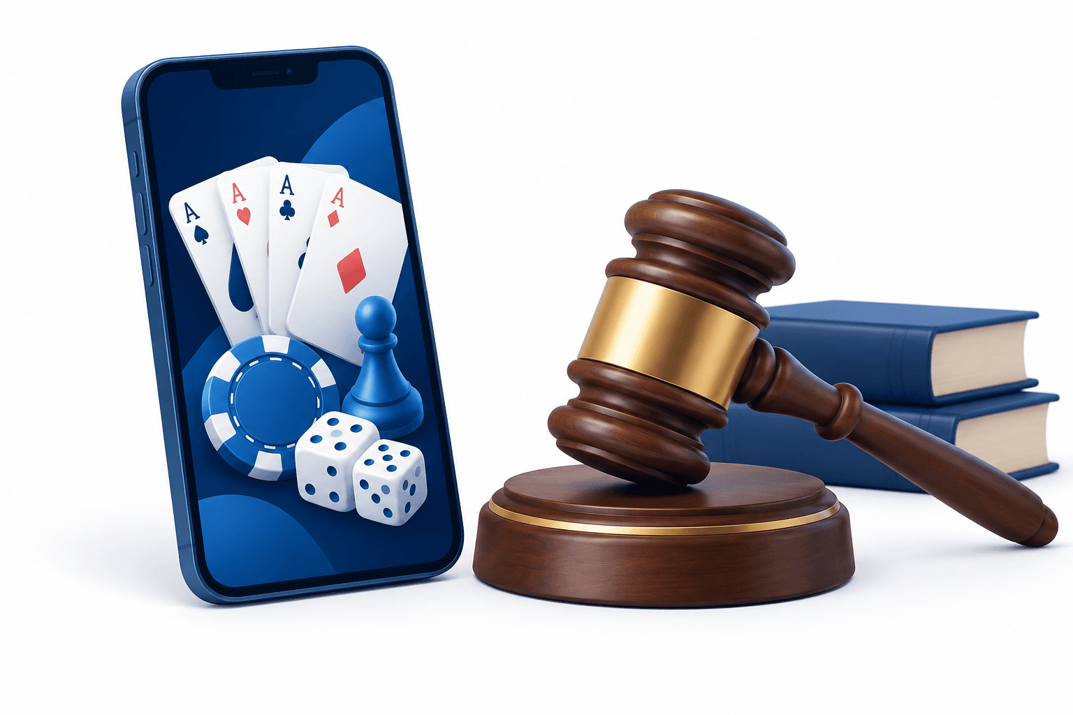 Illustration of online gaming bans with a smartphone, game pieces and a judge's gavel
