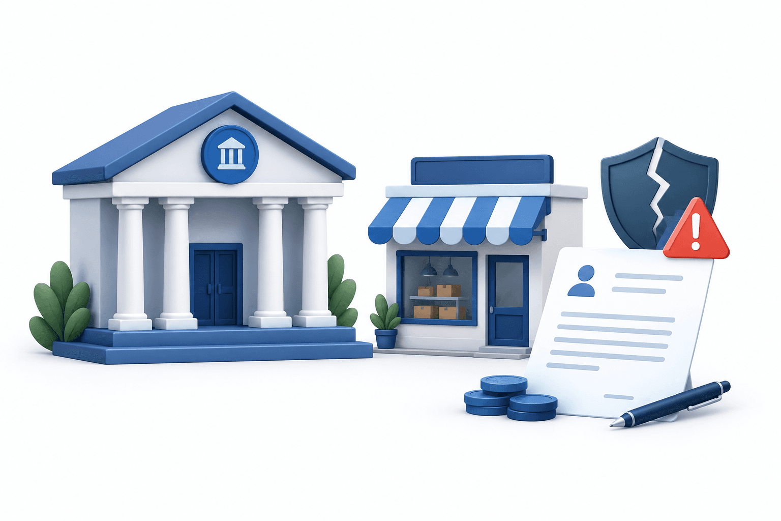 Concept illustration of Indian bank NPAs showing a bank, small business and consumer loan document.