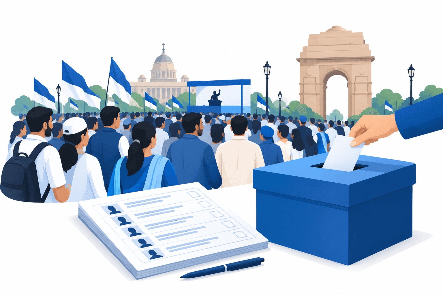 Illustration of a crowd and ballot box representing the planned Congress rally in Delhi
