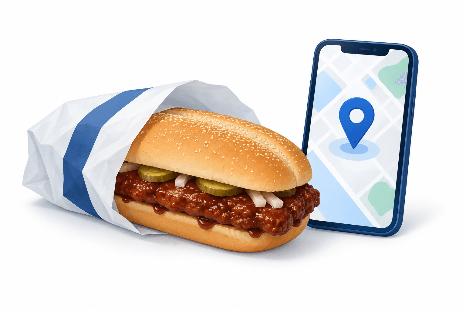 Illustration of a barbecue pork sandwich and a phone with a location pin for the McRib return