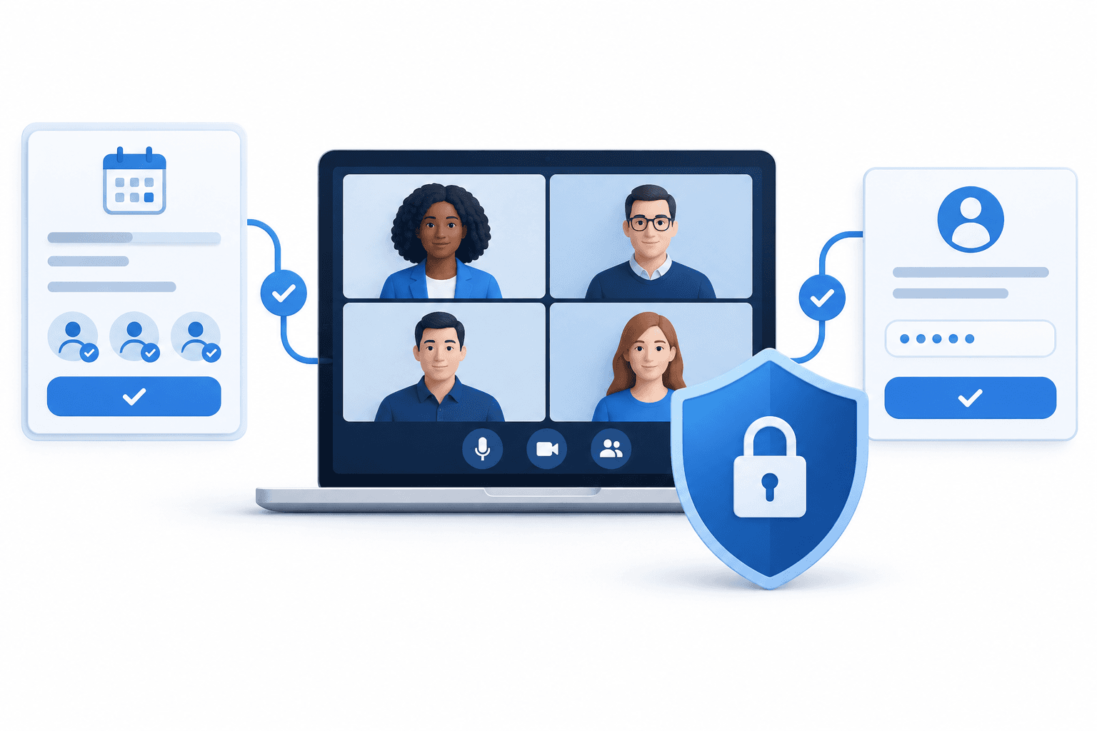 Illustration of video meeting security checks using participant tiles and access-control shields