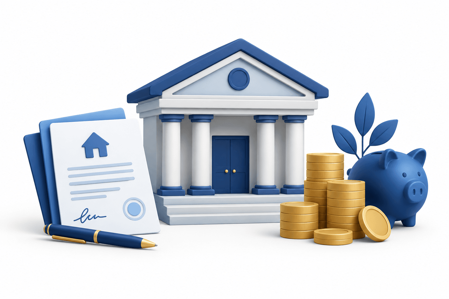Illustration of a bank building, loan documents and coins representing DCB Bank earnings
