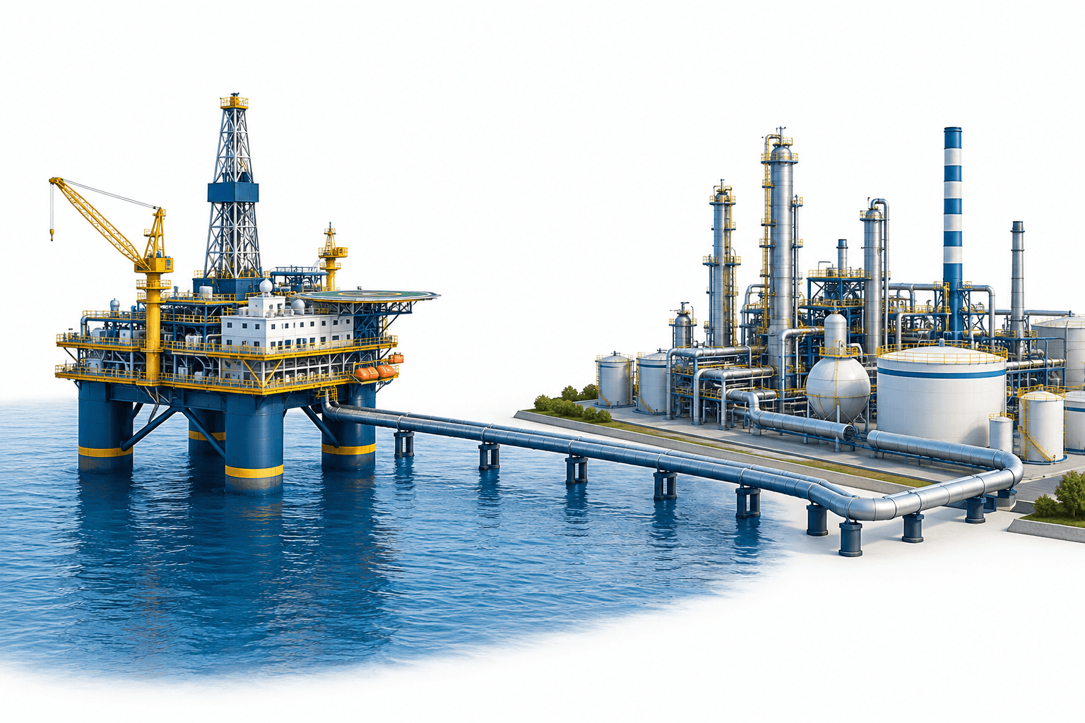 Concept illustration of an oil platform and refinery representing ONGC earnings
