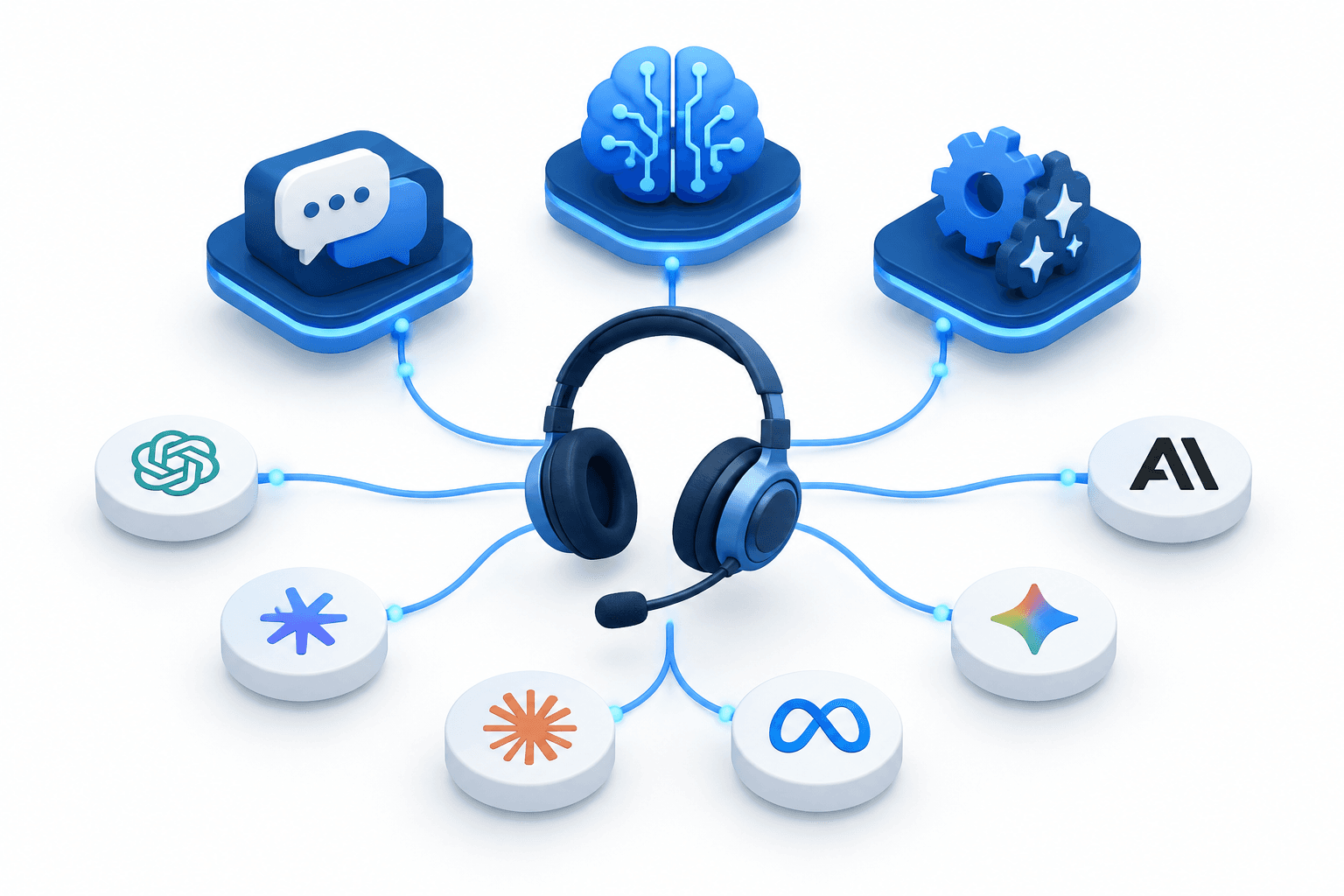 Concept illustration of RADIUS AI contact center tools connected to interchangeable AI models