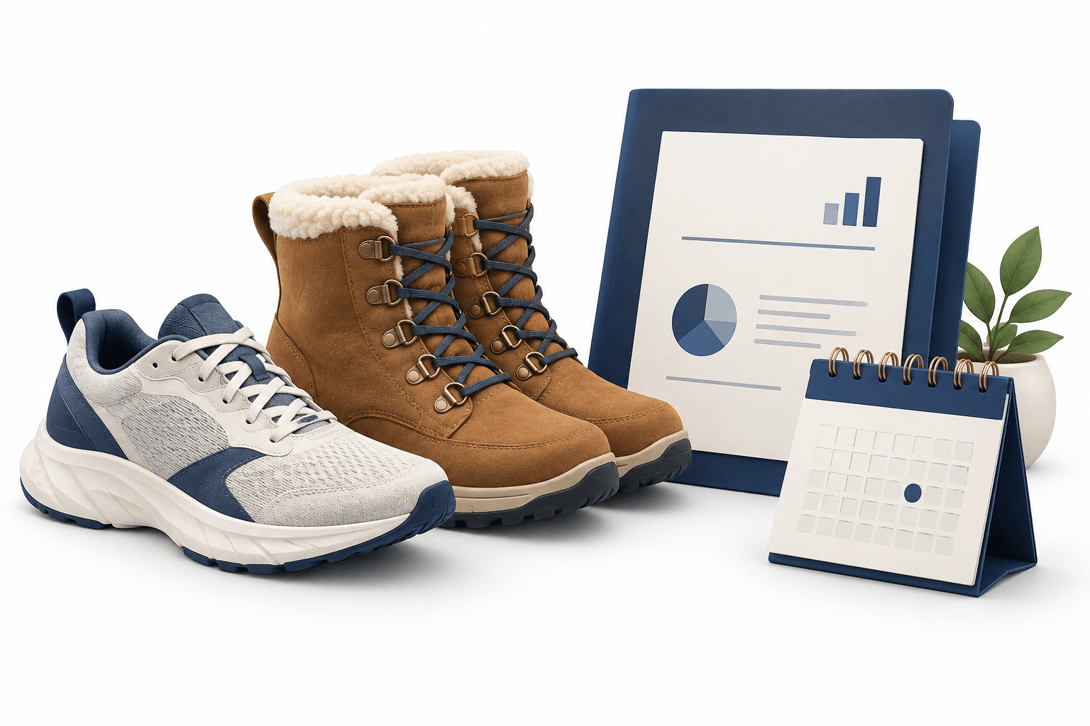 Conceptual illustration of footwear and financial documents ahead of Deckers earnings.