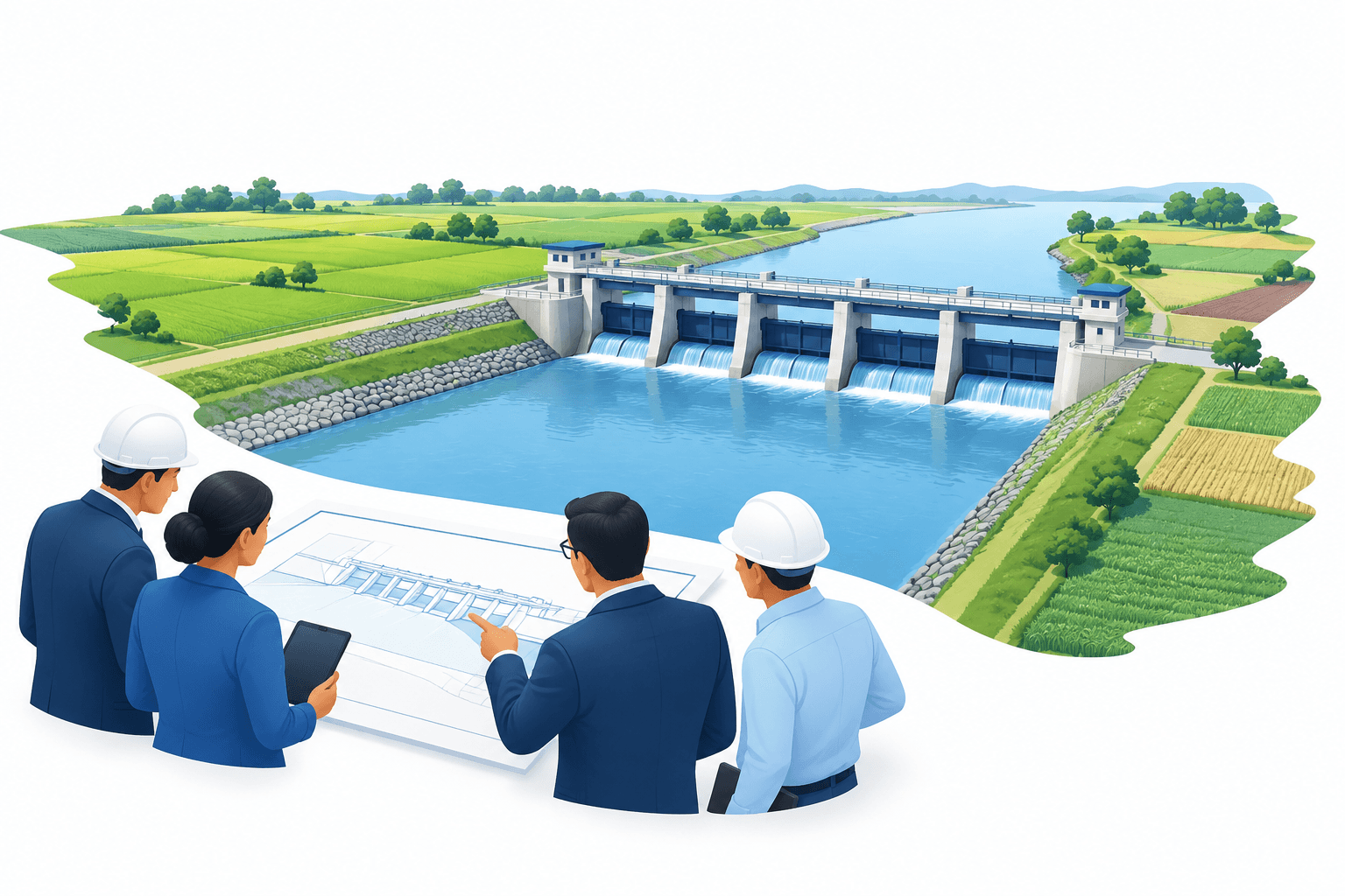 Concept illustration of the proposed Tummidihatti Barrage and surrounding agricultural land