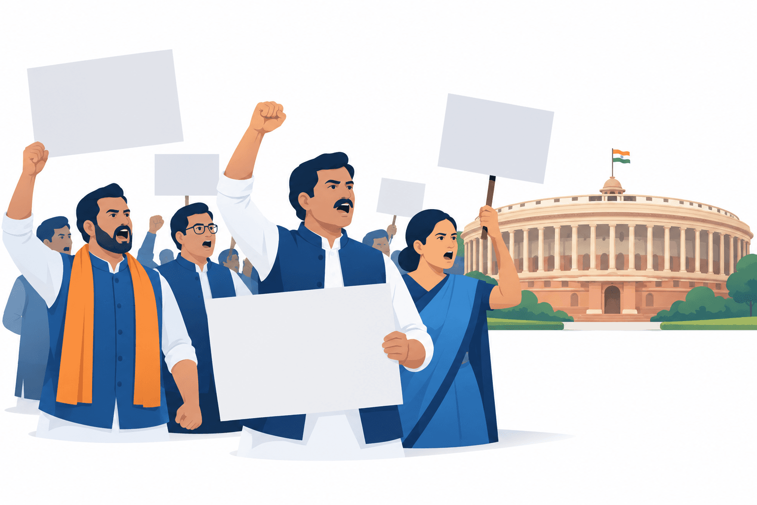 Concept illustration of BJP protests with demonstrators holding blank placards