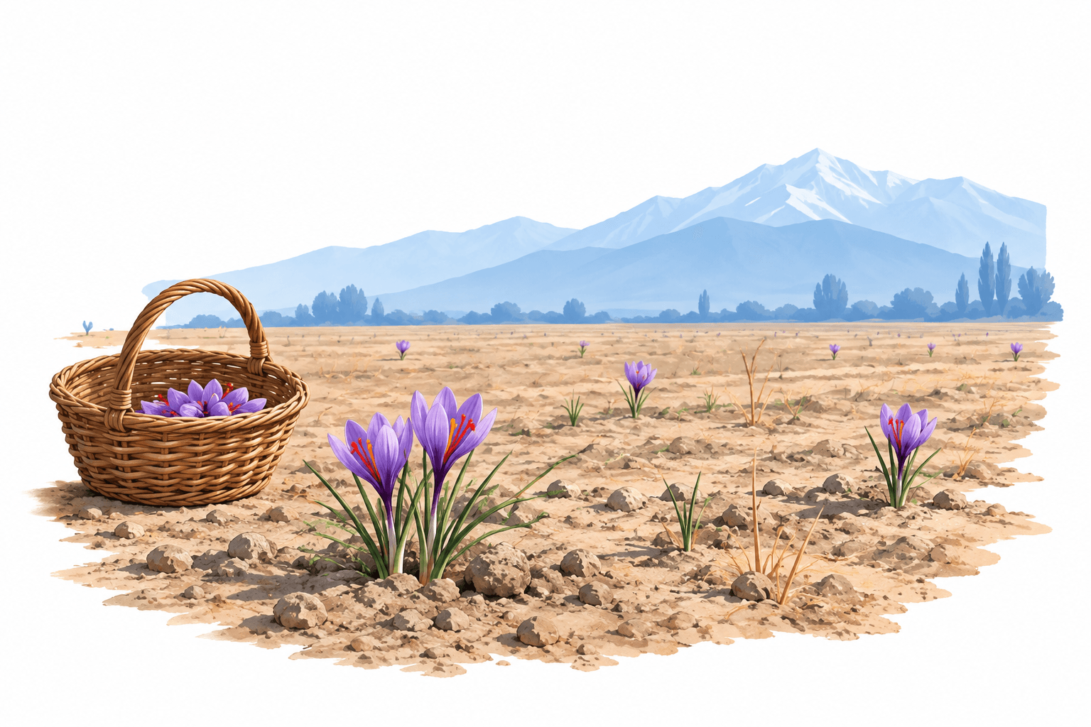 Illustration of a sparse Kashmir saffron field with purple flowers and a harvest basket