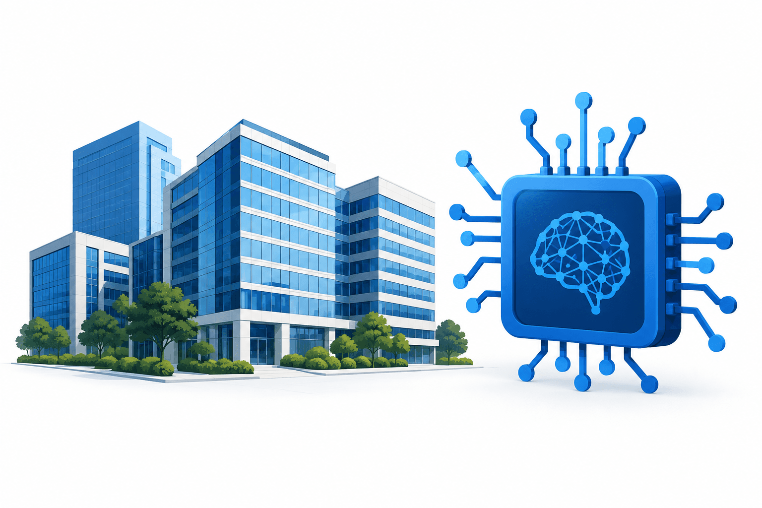 Illustration of Indian IT stocks represented by technology offices and an AI processor