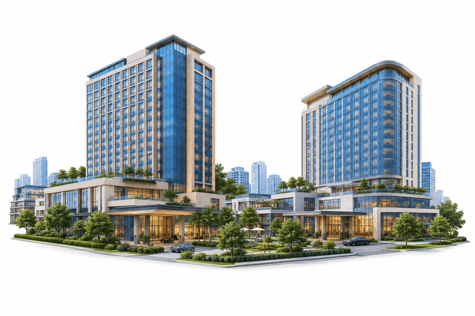 Illustration of two planned hotel buildings representing the Brigade Hyatt agreement in Bengaluru