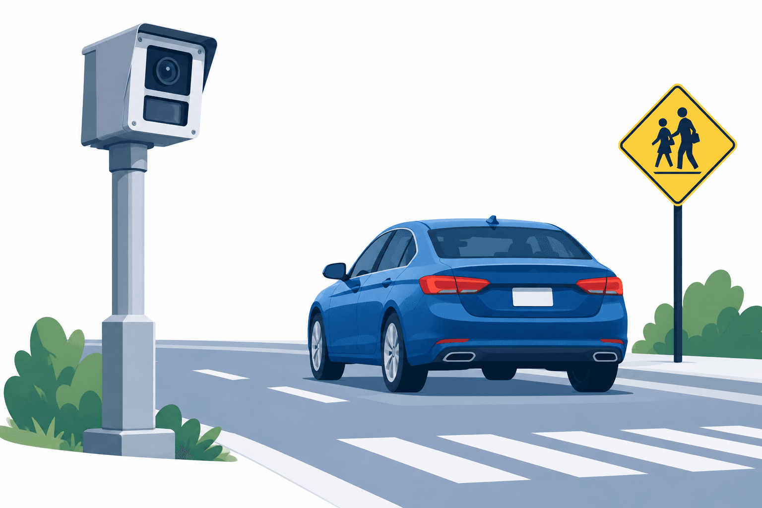 Illustration of Los Angeles speed cameras beside a road and school crossing sign