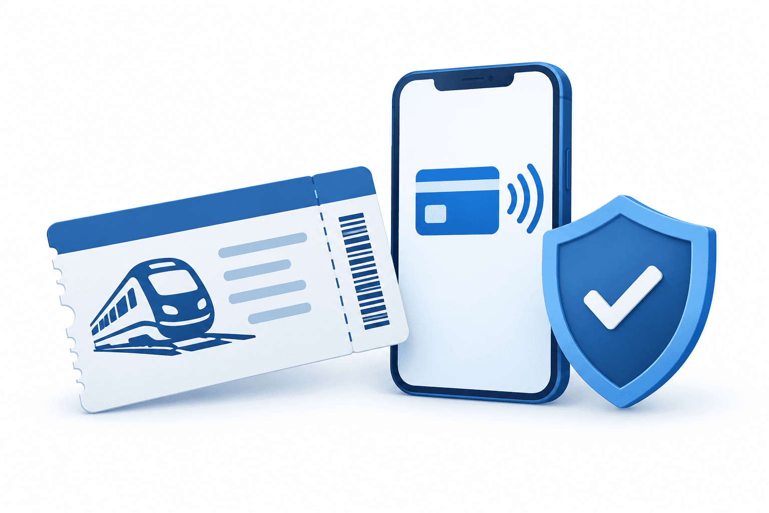 Illustration of rail travel insurance with a railway ticket, digital payment symbol and shield