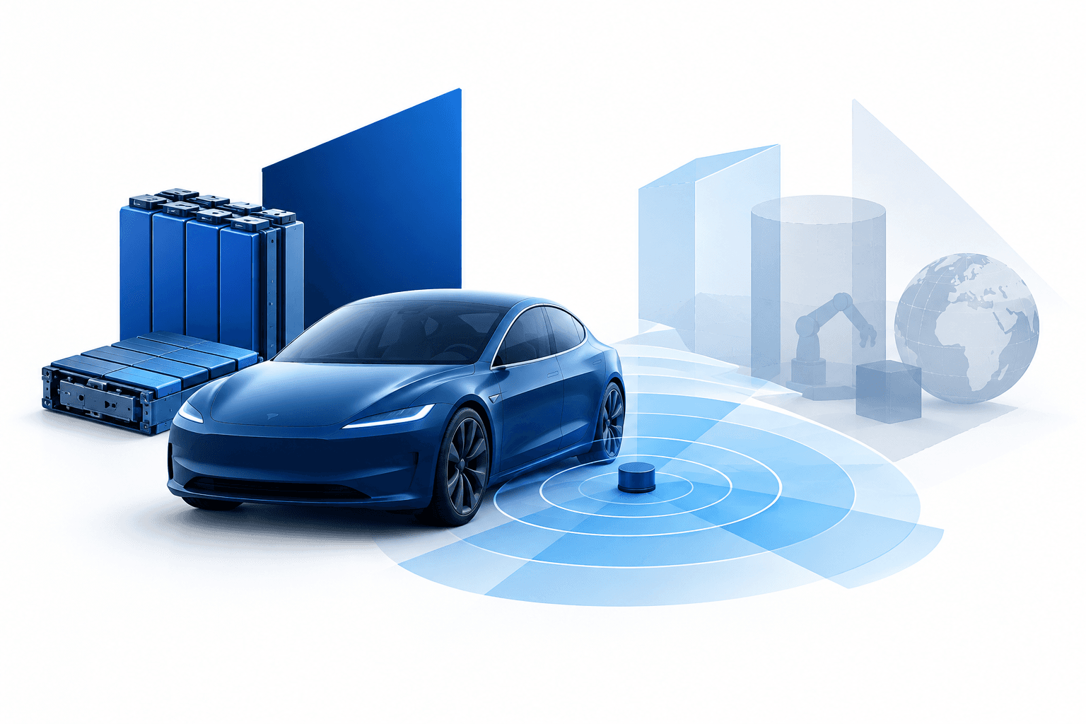 Conceptual illustration of Tesla auto margins with an electric vehicle, battery modules and autonomous-driving motifs.