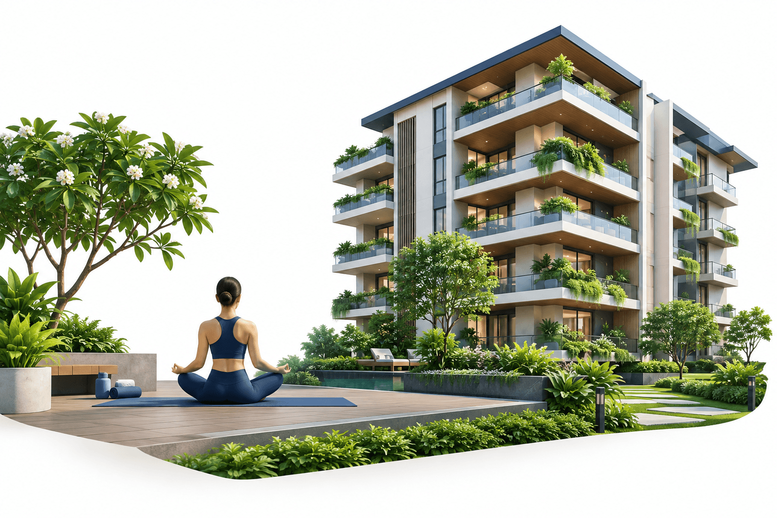 Illustration of Pune luxury homes with green balconies and a yoga space