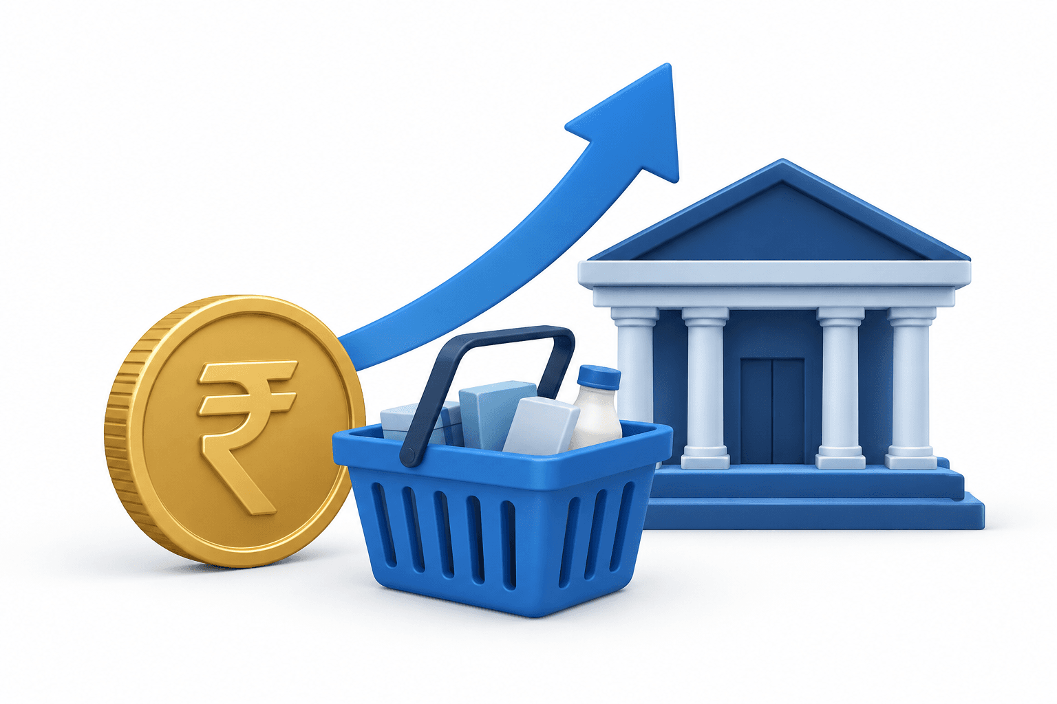 Illustration of India rate hikes with a rupee coin, shopping basket and bank building