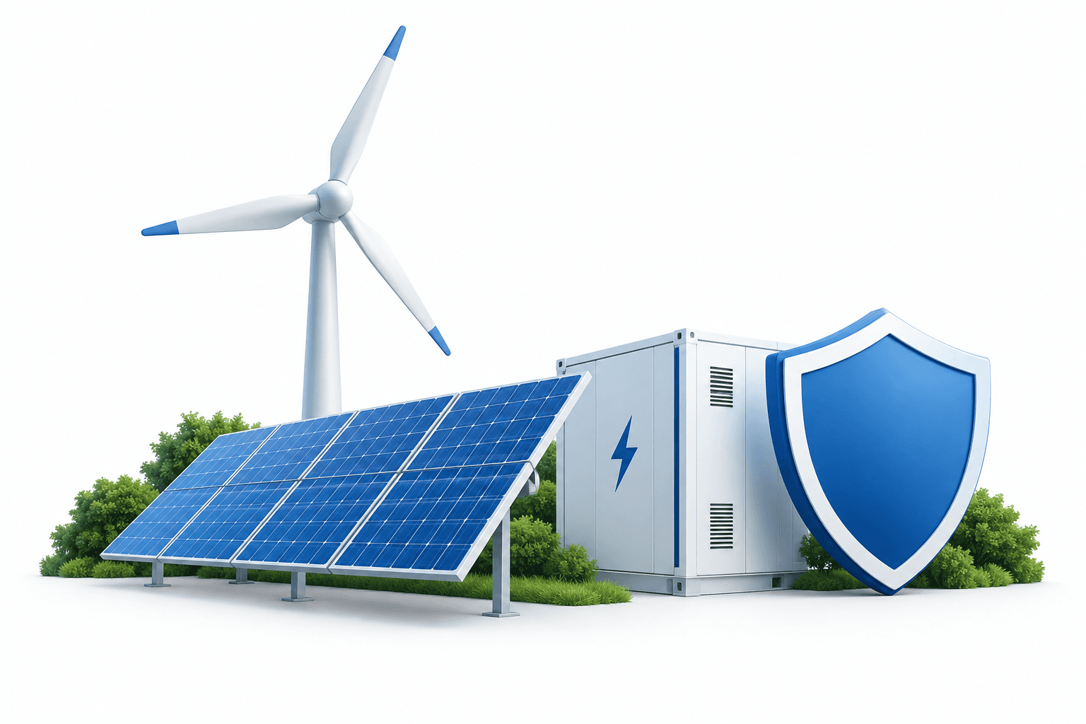 Illustration of renewable energy cover for wind, solar and battery storage assets