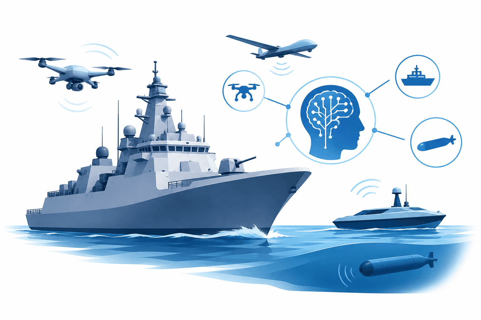 Concept illustration of naval innovation with a vessel and autonomous technology symbols