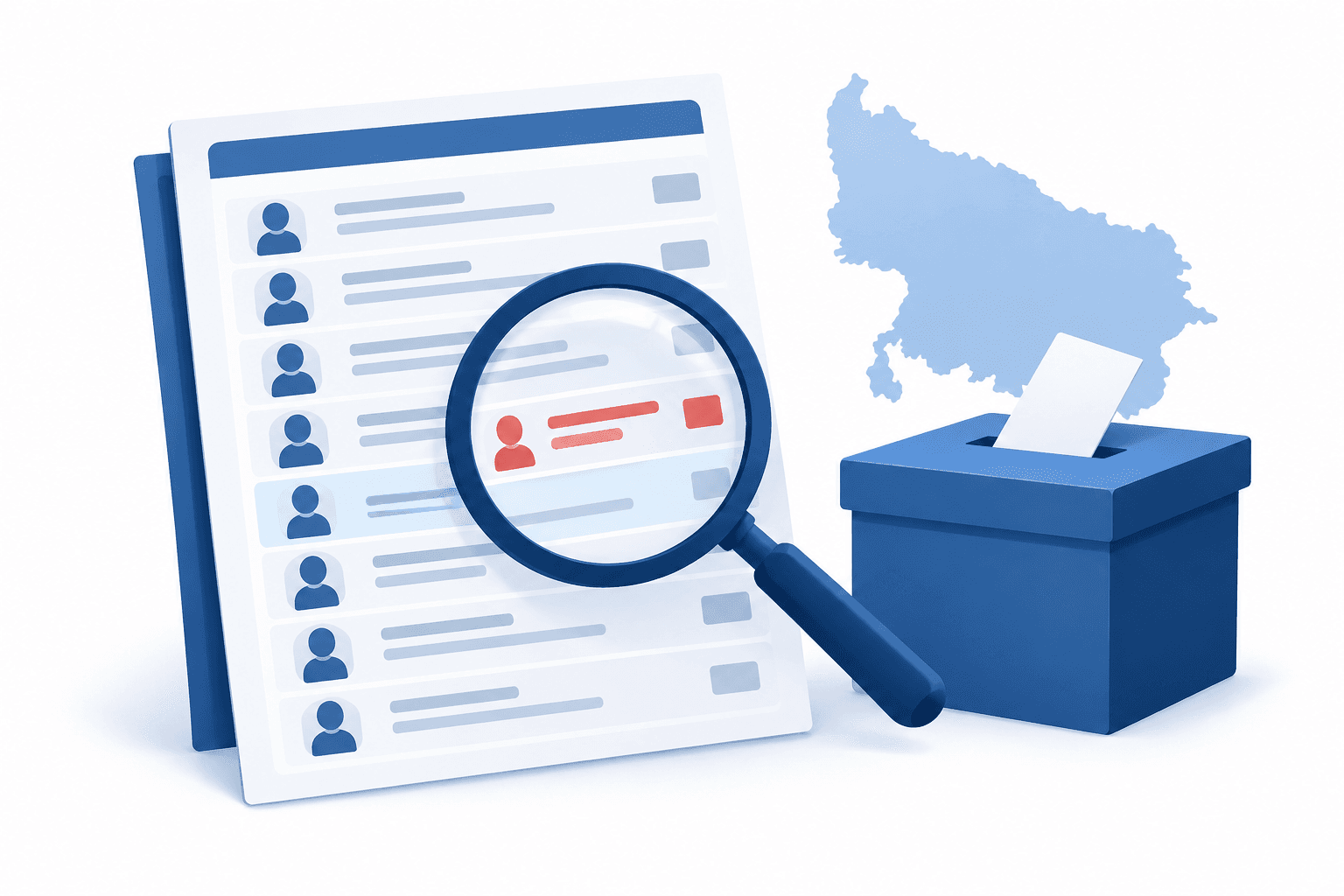 Illustration of a magnifying glass examining a Uttar Pradesh voter list beside a ballot box