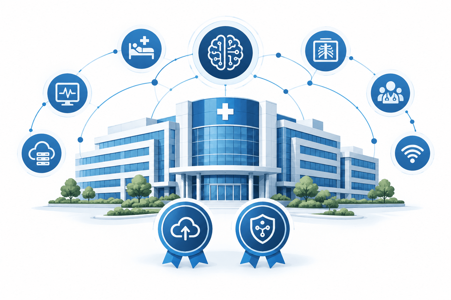 Illustration of the KFSH smart hospital ranking with a hospital building and digital technology symbols.
