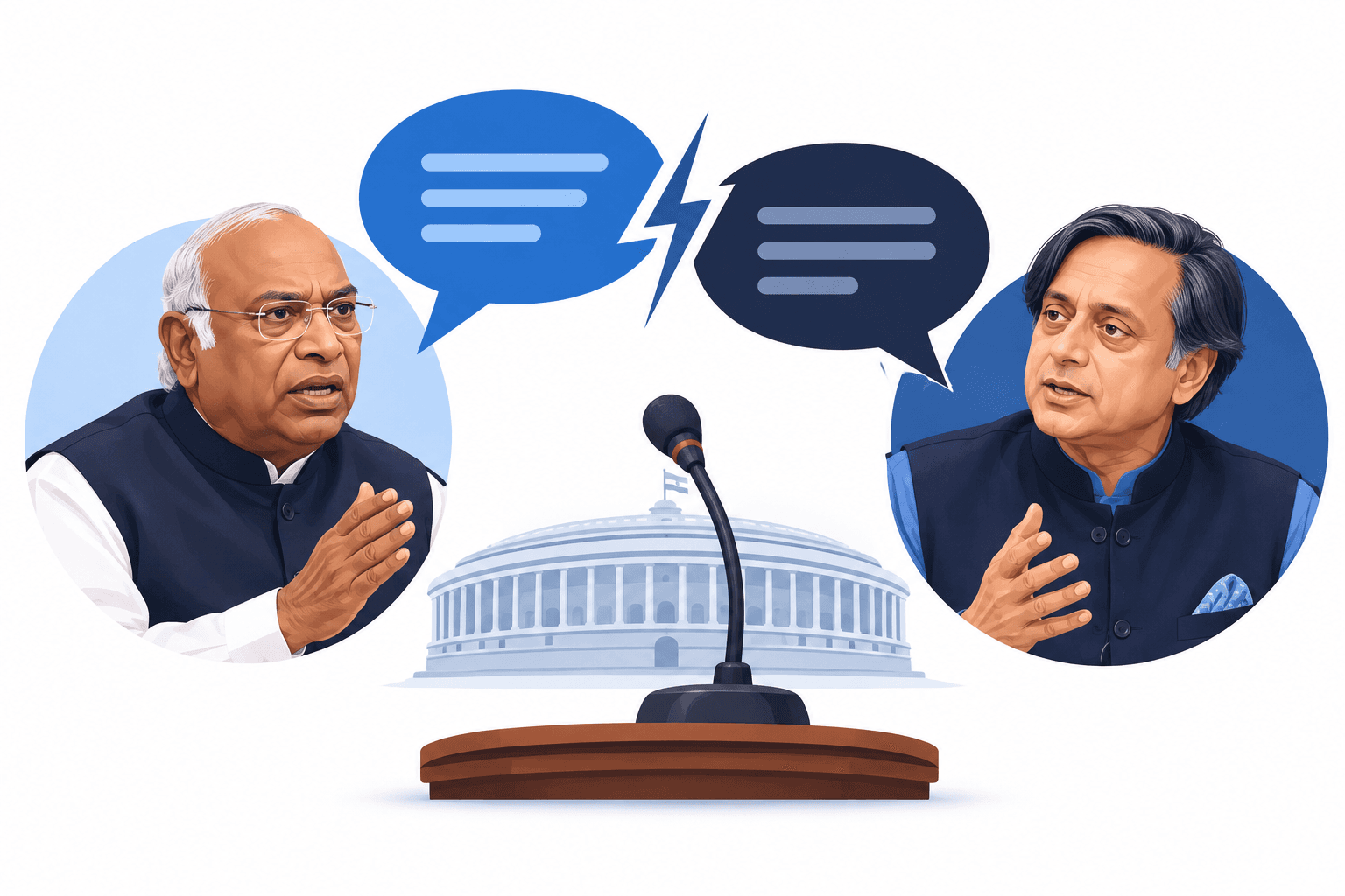 Illustration of a microphone and speech bubbles representing the dispute over the Kharge remarks