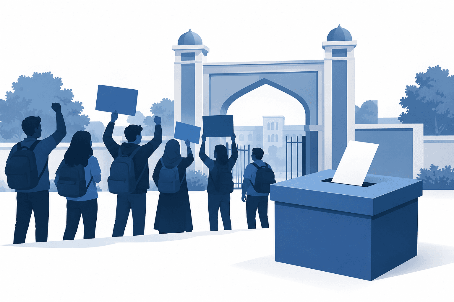 Illustration of a campus gate, ballot box and students representing the Jamia student protest