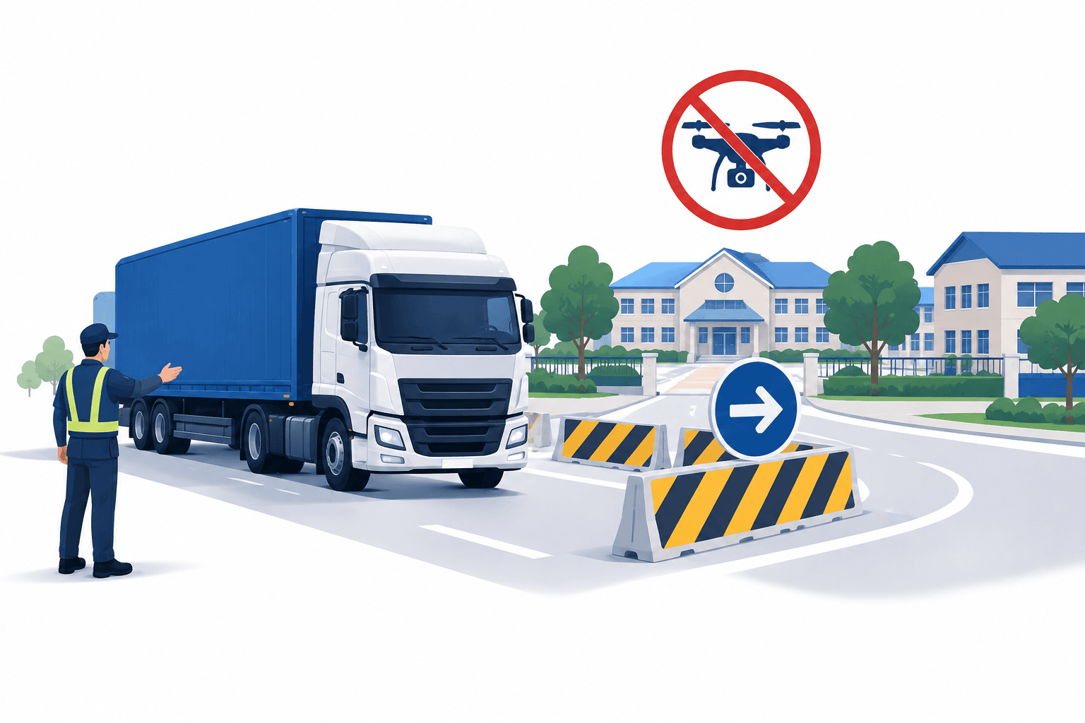 Illustration of Lapu-Lapu truck restrictions with a freight truck, road diversion and drone symbol
