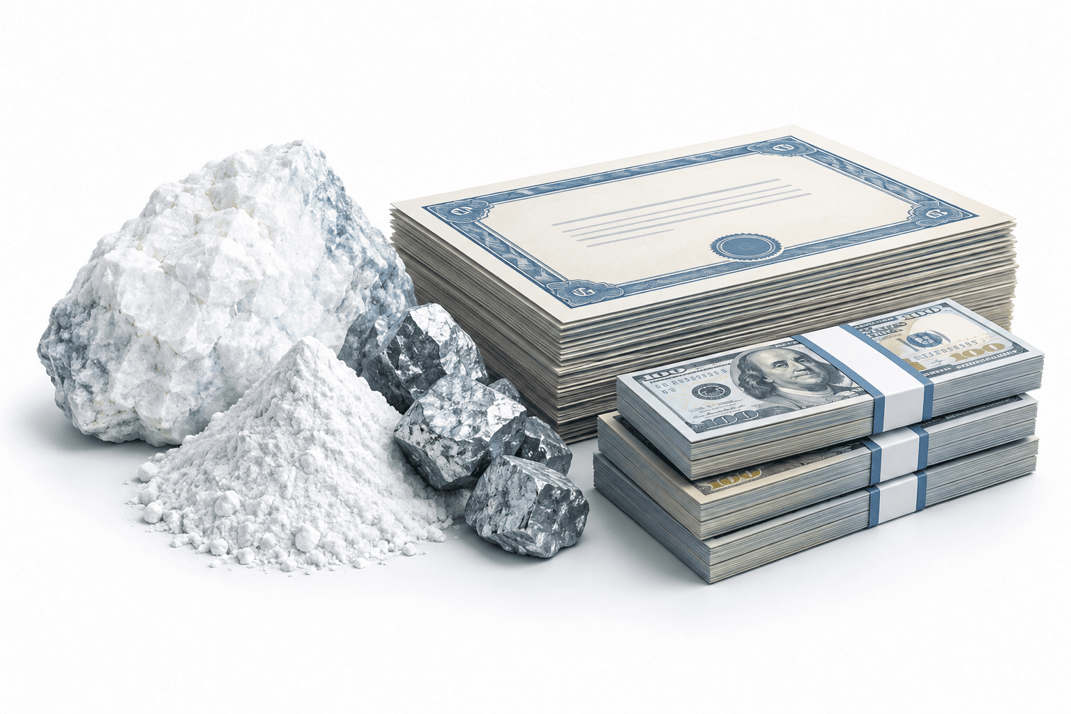 Concept illustration of lithium minerals, debt certificates and cash representing the Lithium Argentina notes repurchase.