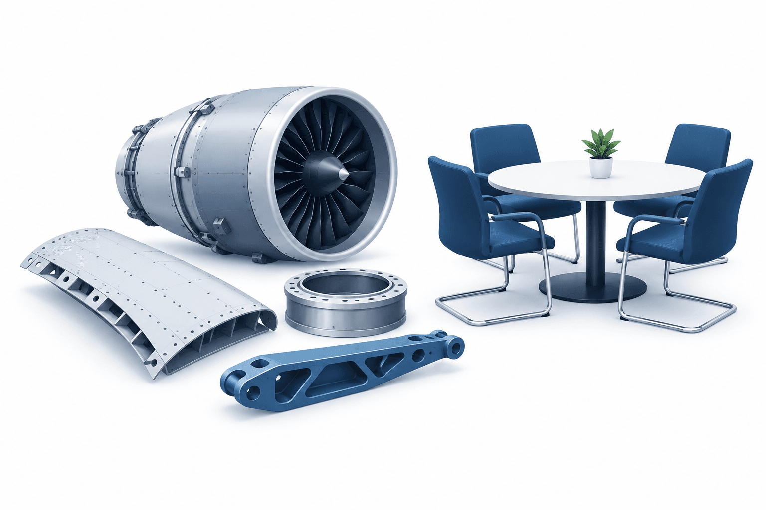 Illustration of aerospace components and a meeting table for the Ducommun conference