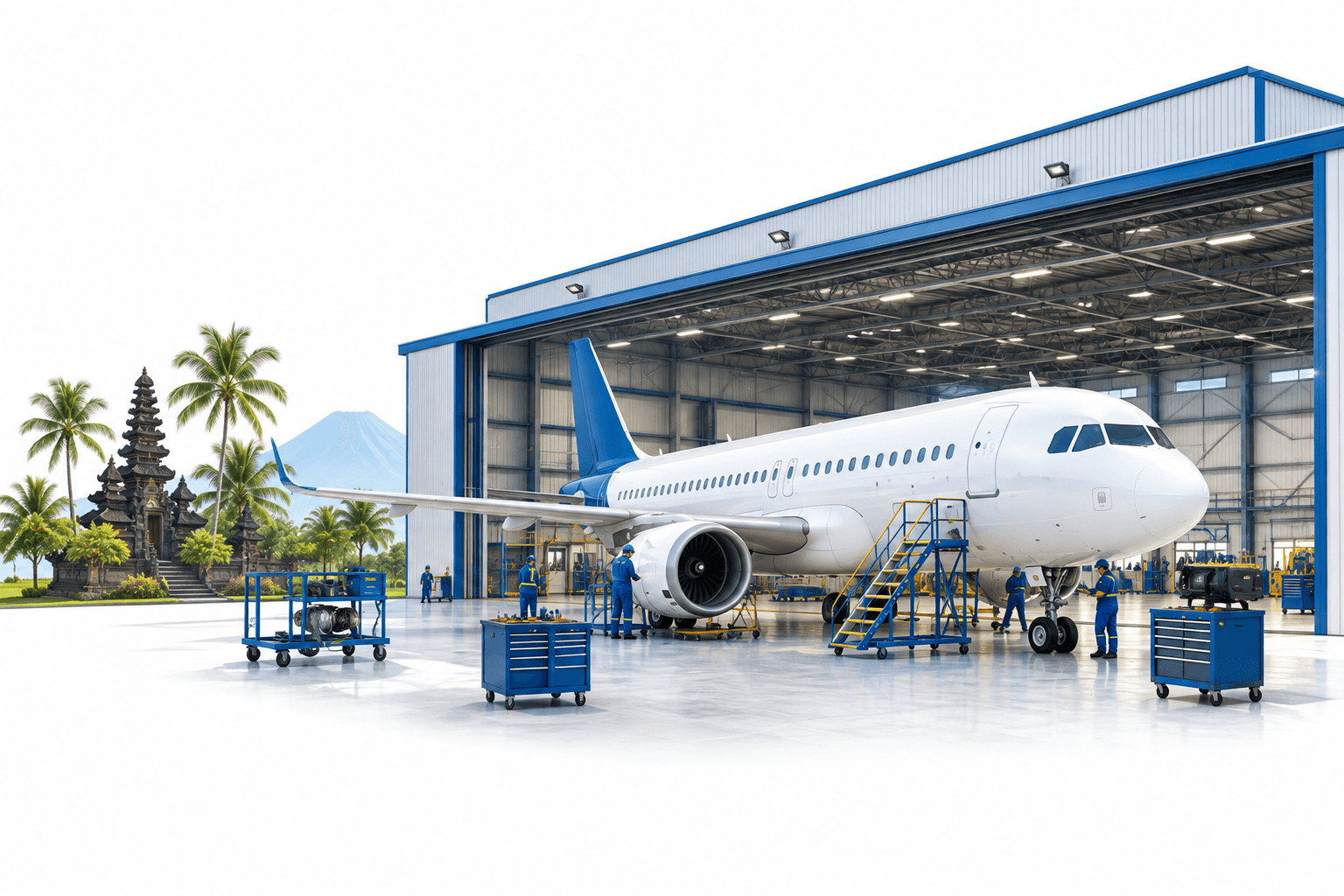 Concept illustration of Bali hangar certification with an aircraft inside a maintenance facility