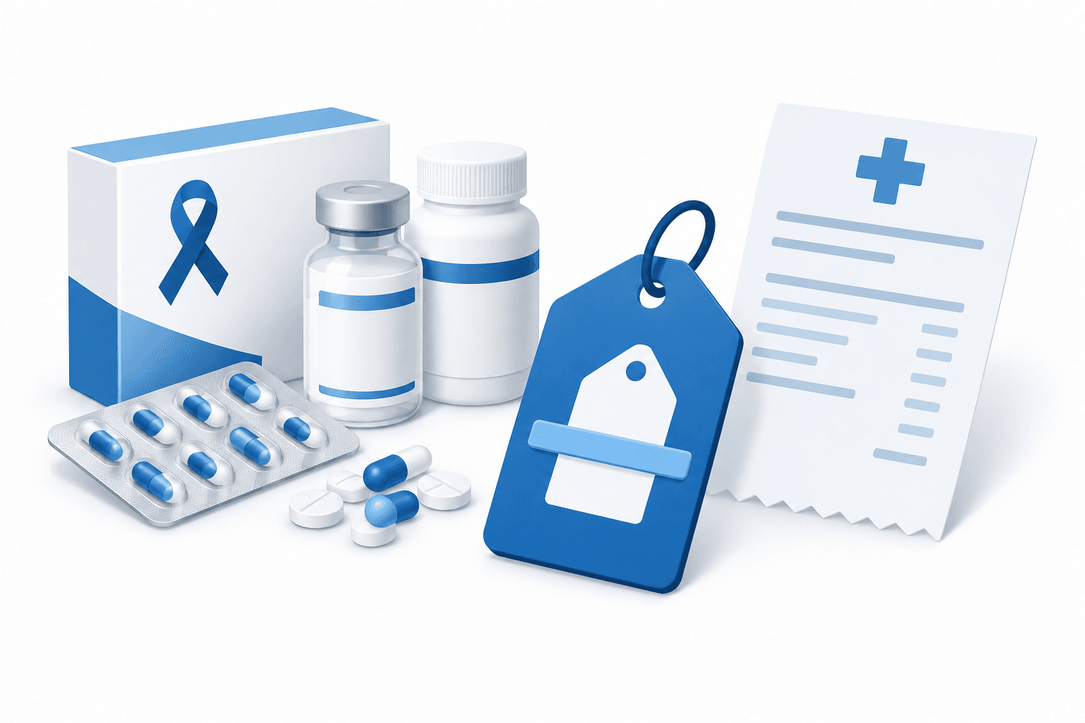 Illustration of medicine packages and a hospital receipt representing cancer drug prices