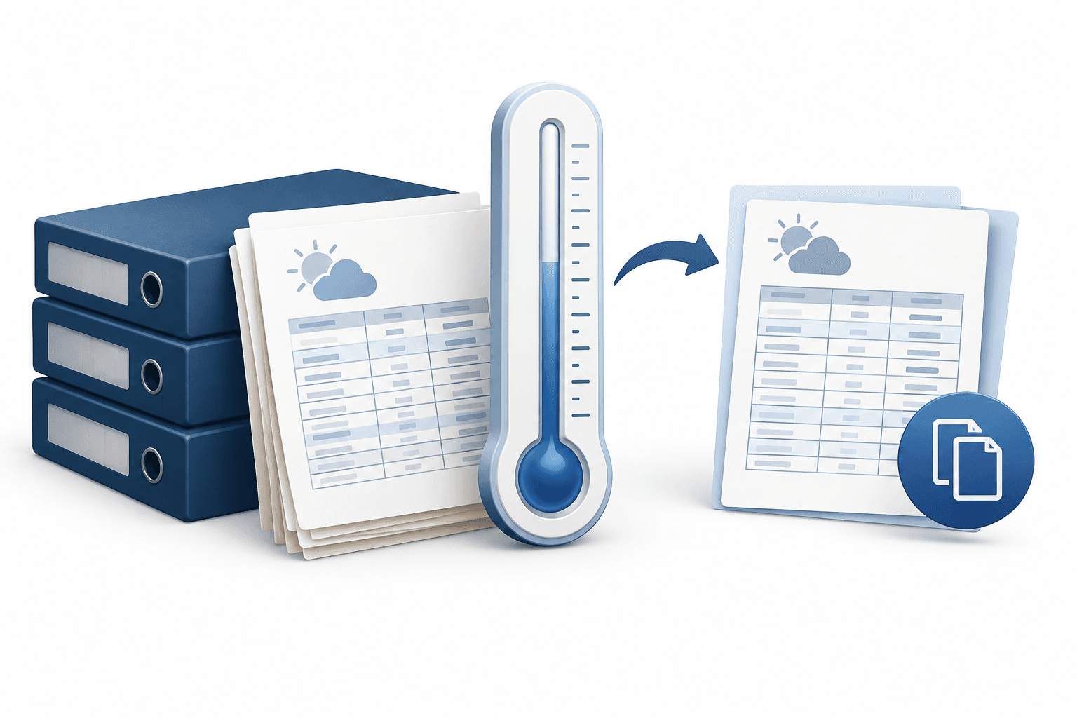 Illustration of archival weather records and a thermometer representing Bureau temperature records.
