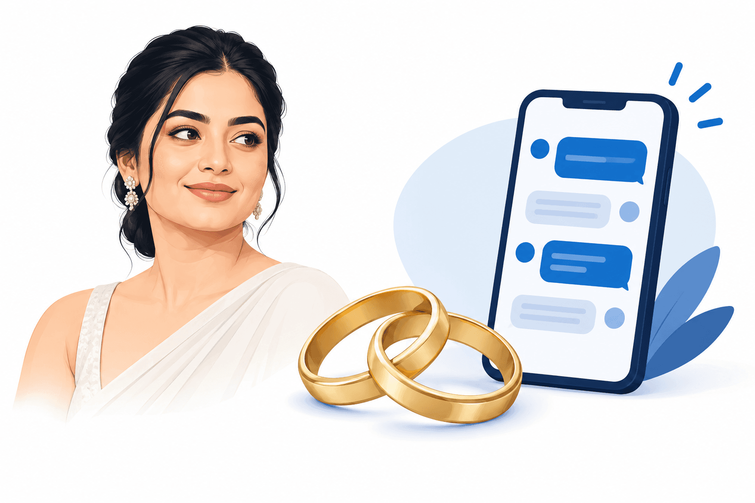 Concept illustration of rings and a phone representing the online response to Rashmika Mandanna’s marriage comments